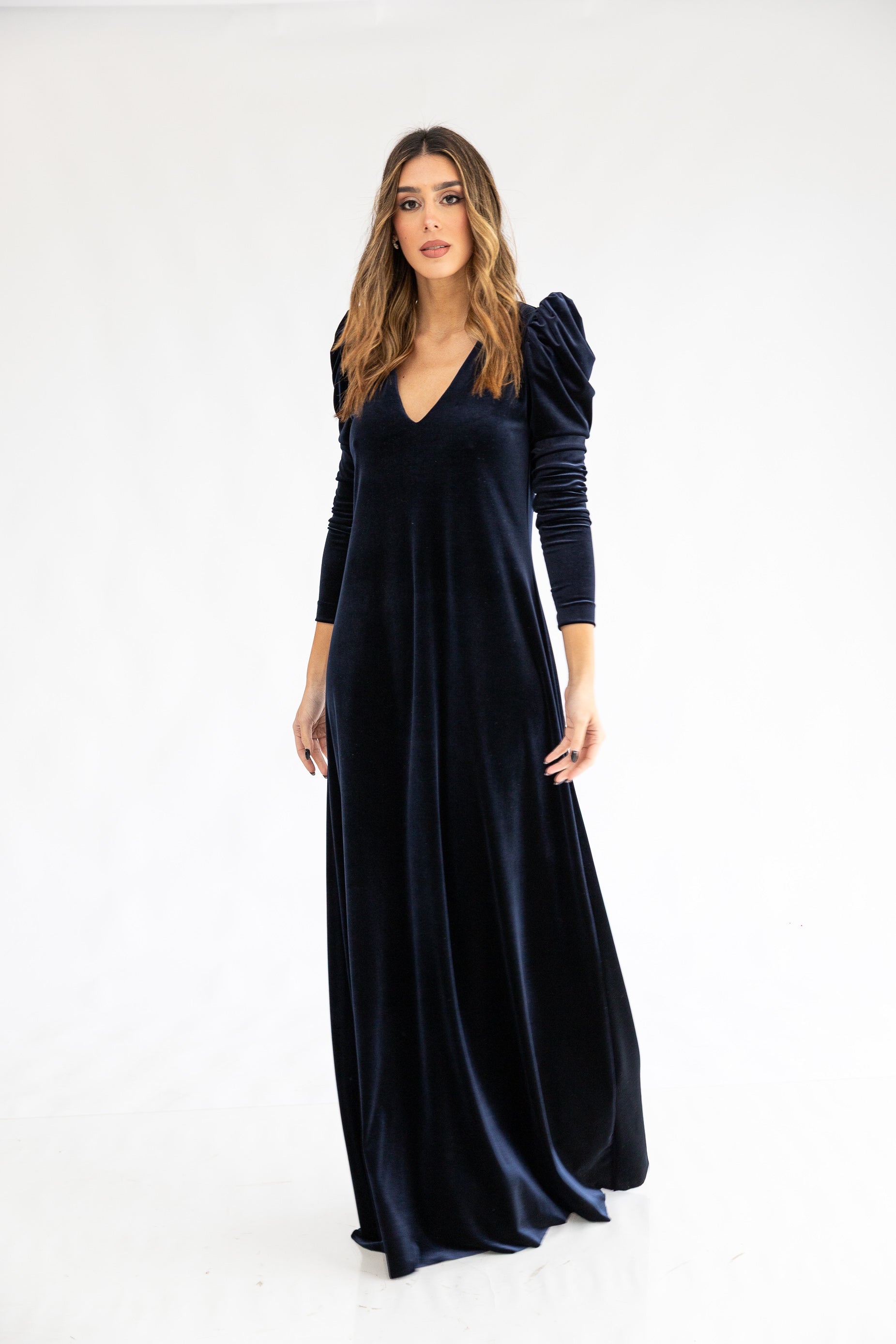 Vestido cuello V y mangas largas Pana Azul