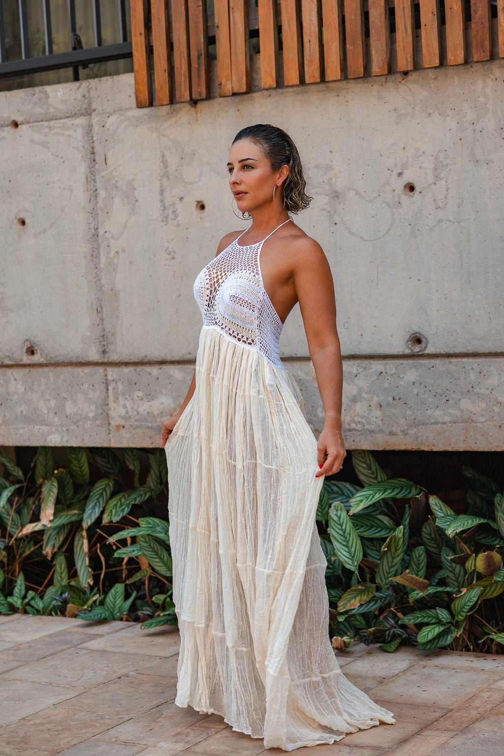 Vestido Amasado Lienzo Halter Copn Crochet Pechera Alice