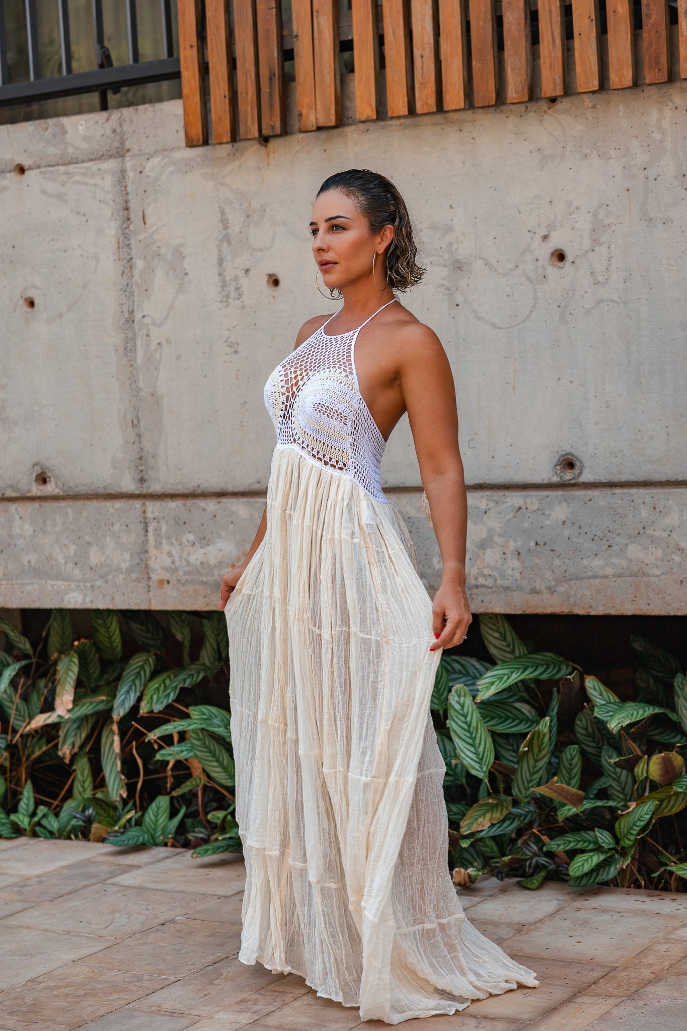 Vestido Amasado Lienzo Halter Copn Crochet Pechera Alice