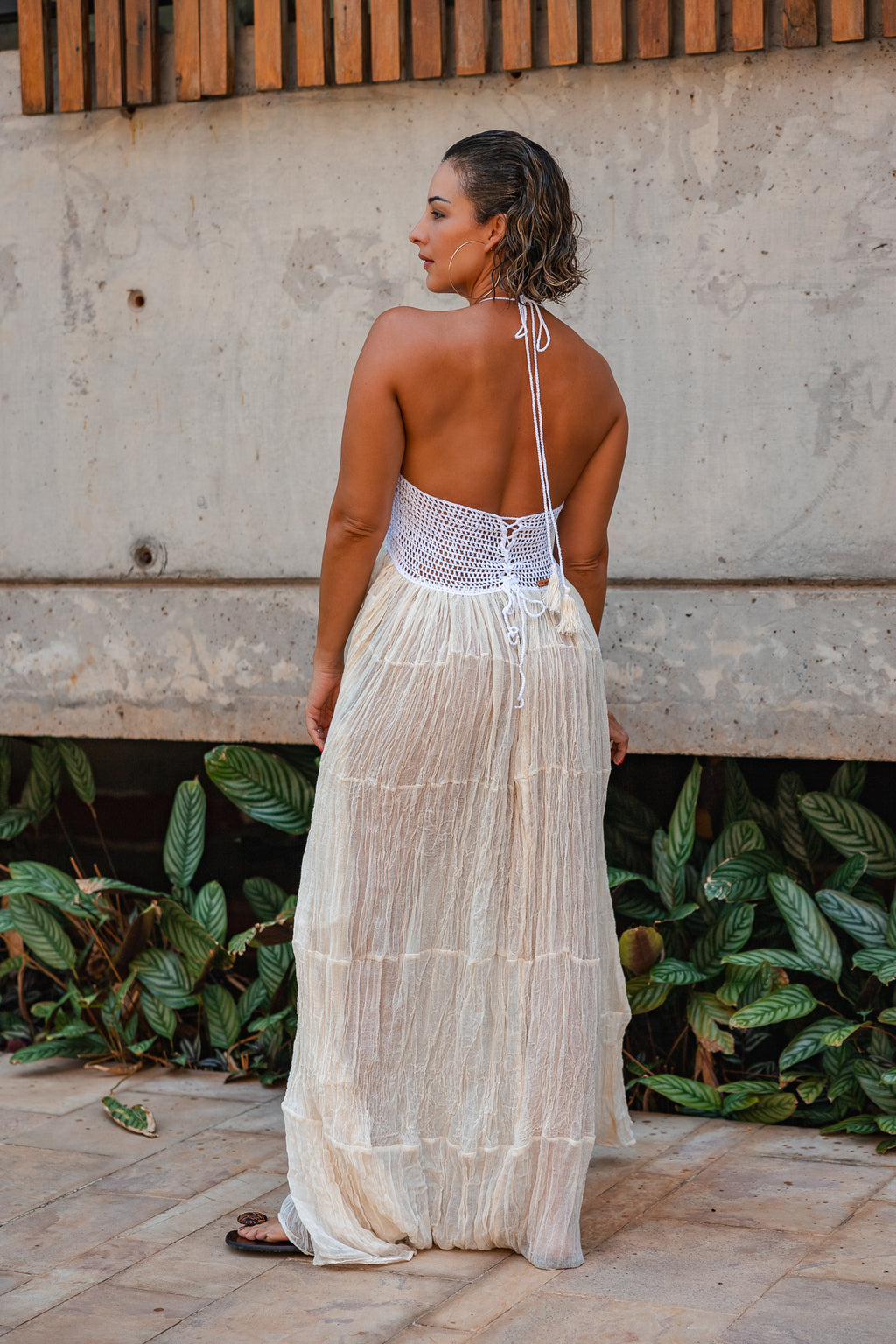 Vestido Amasado Lienzo Halter Copn Crochet Pechera Alice