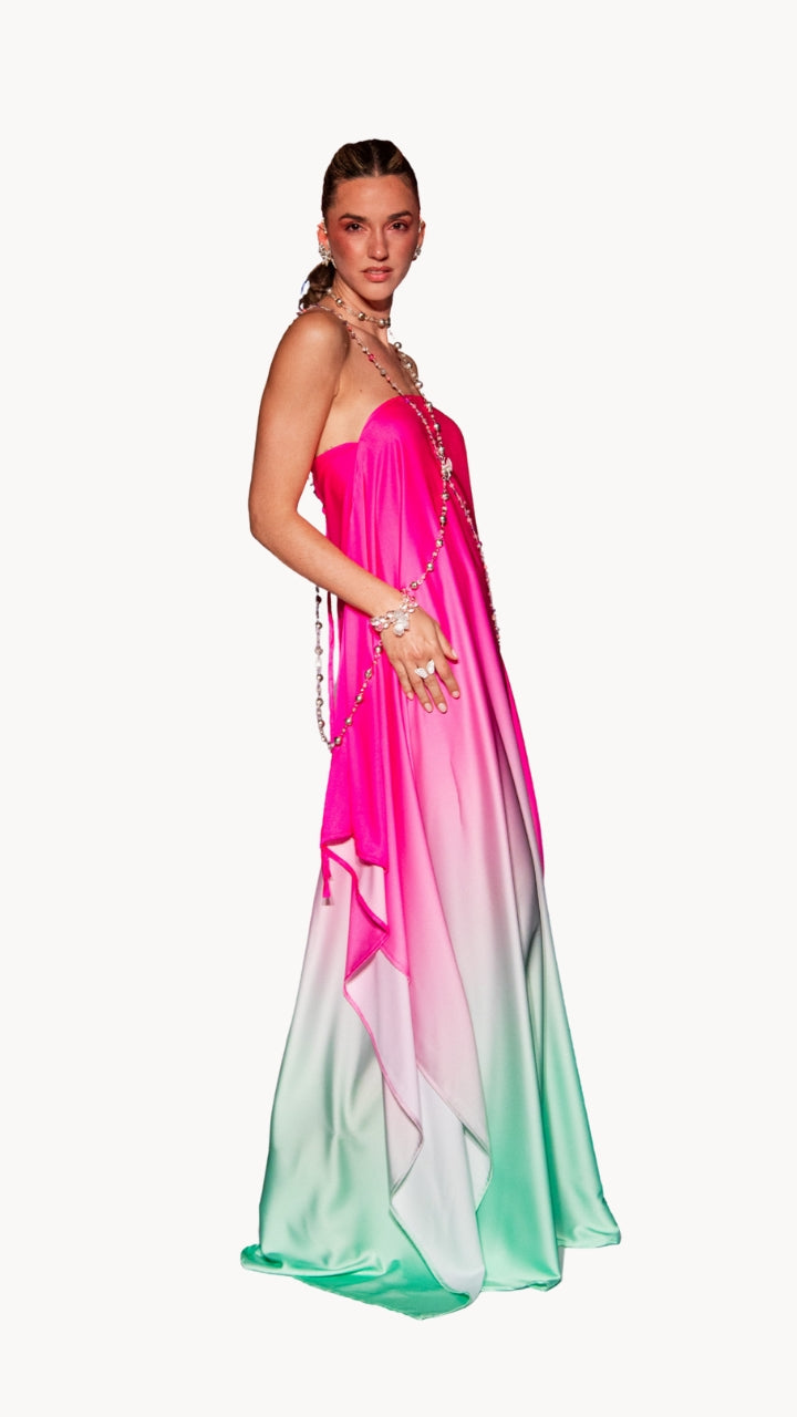 Vestido degrade strapless rosa con verde