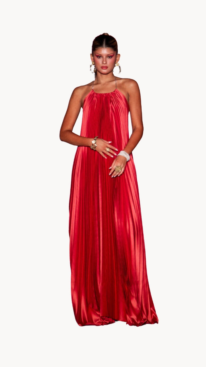 Vestido halter plisado terracota