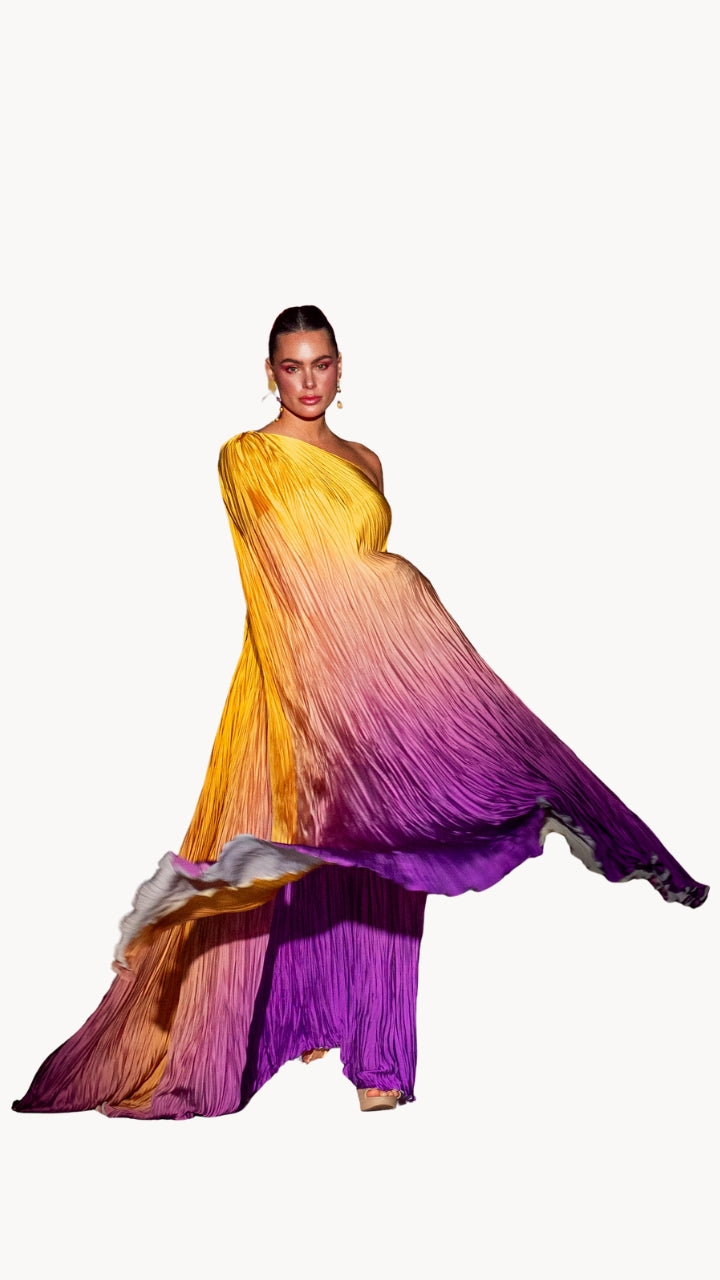 Vestido de un hombro amasado degrade amarillo con lila