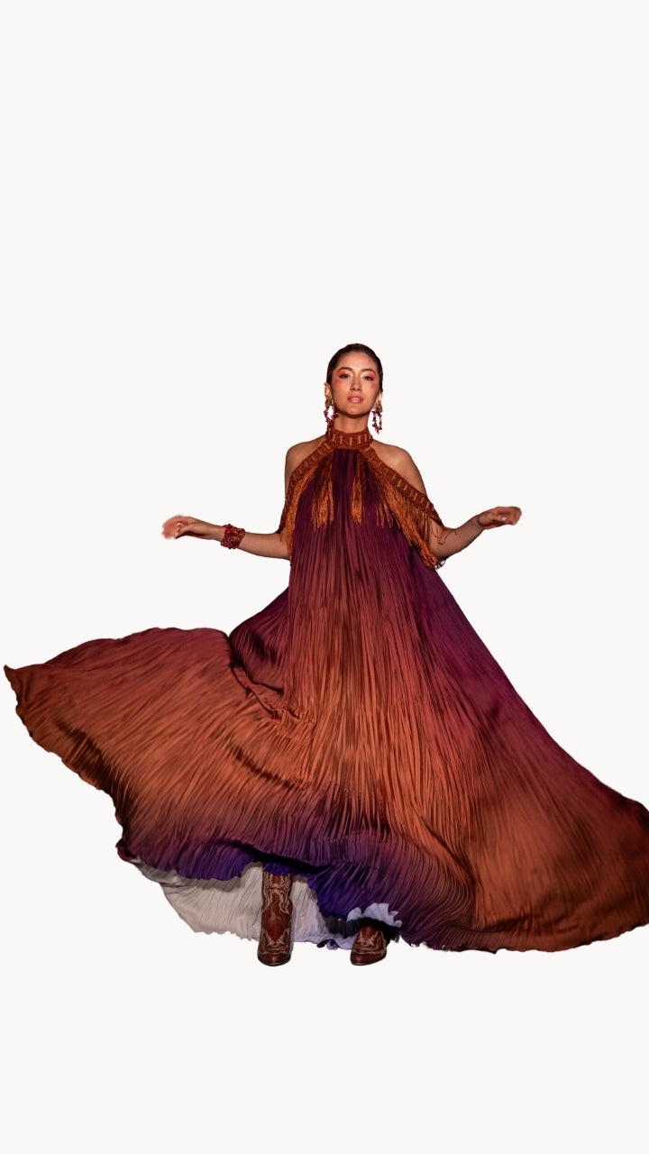 Vestido doble degrade con macrame marron con lila