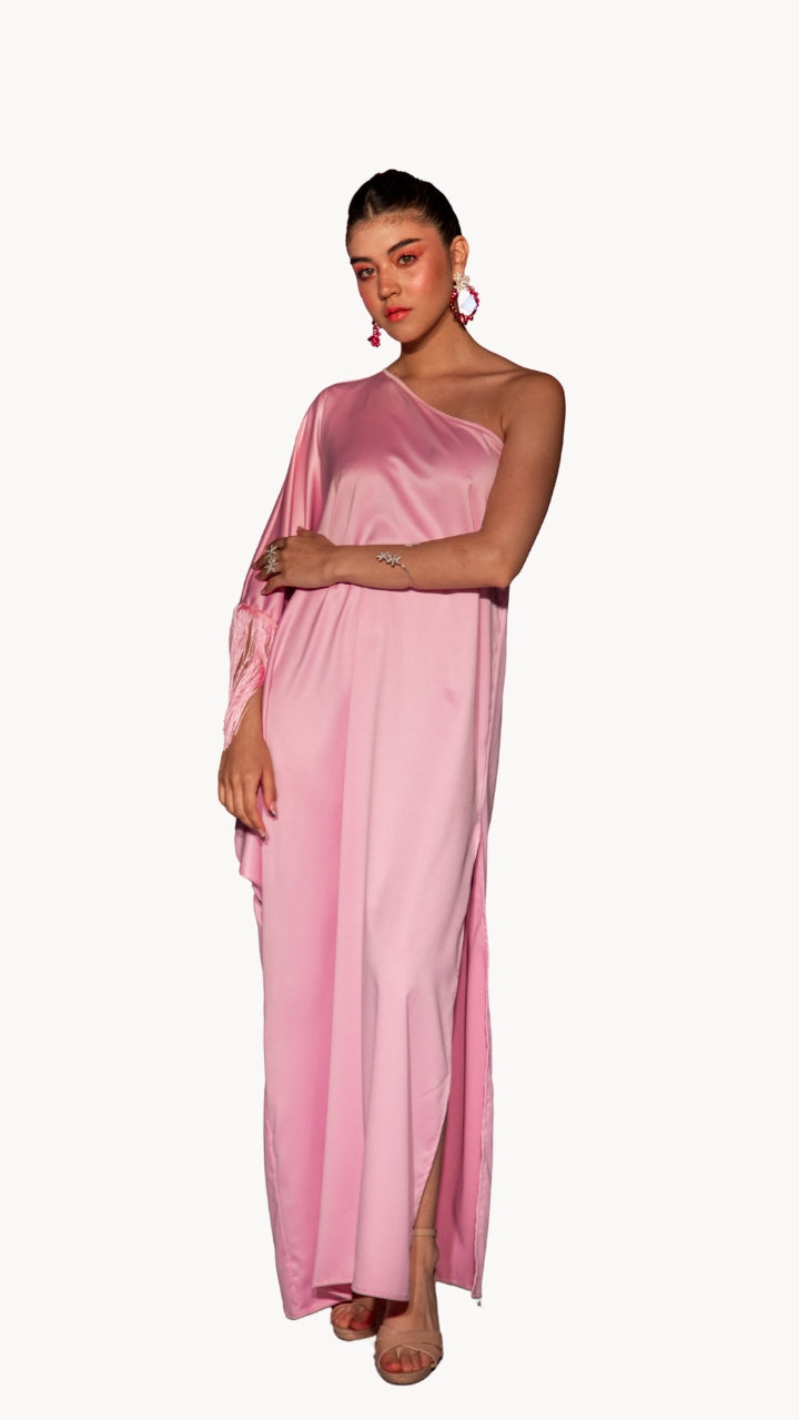 Vestido tunica midi con flecos rosa